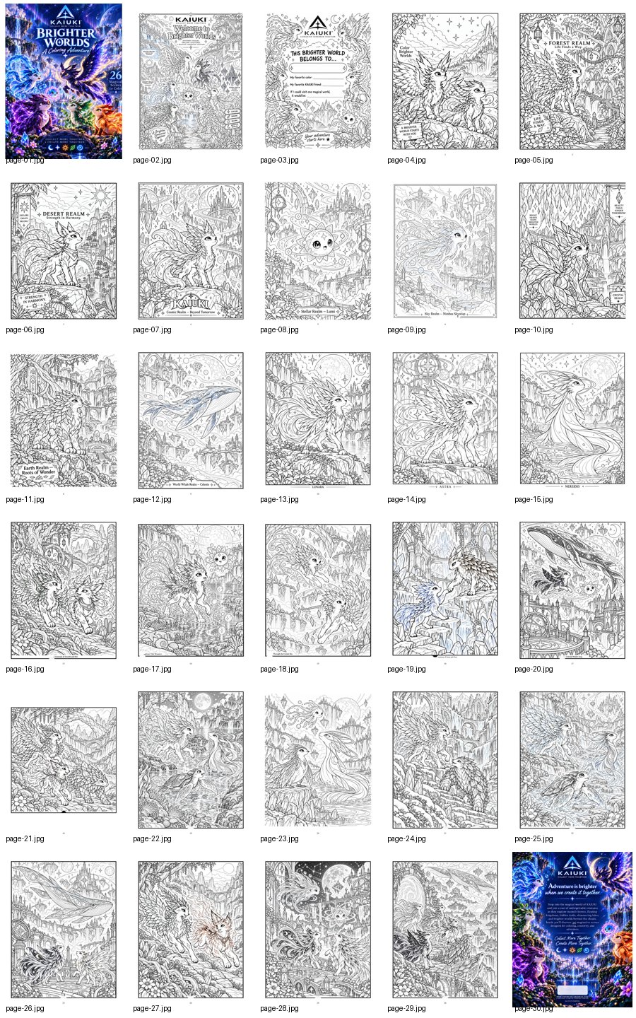 Preview sheet showing the pages in the KAIUKI Brighter Worlds digital coloring book