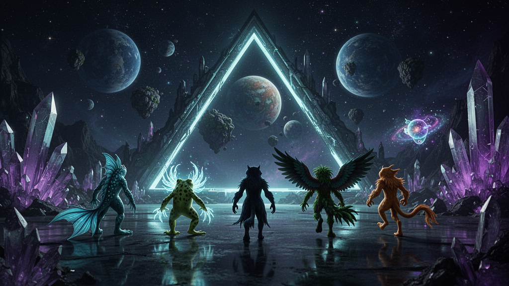 Concept silhouettes approaching a luminous KAIUKI portal