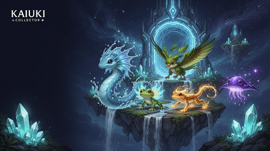 Presentation concept art with varied elemental KAIUKI companion creatures
