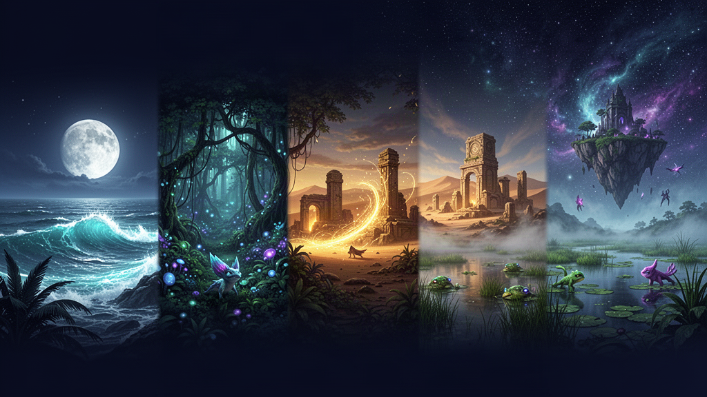 Concept art showing several mysterious KAIUKI-inspired realms
